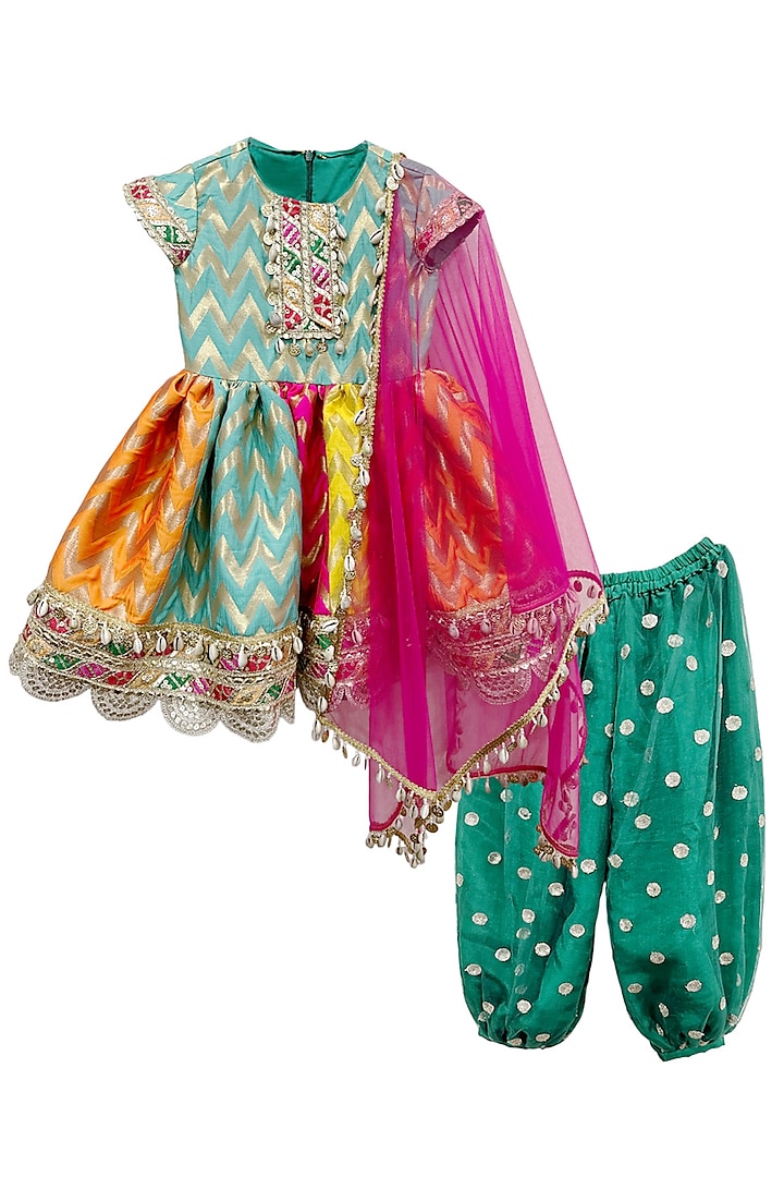 Multi-Colored Chanderi Embroidered Pathani Kurta Set For Girls by Alyaansh Couture at Pernia's Pop Up Shop