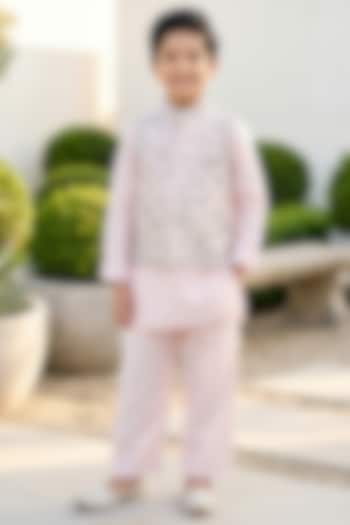 Baby Pink Silk Cutdana & Pearl Embroidered Bundi Jacket Set For Boys by Alyaansh Couture at Pernia's Pop Up Shop