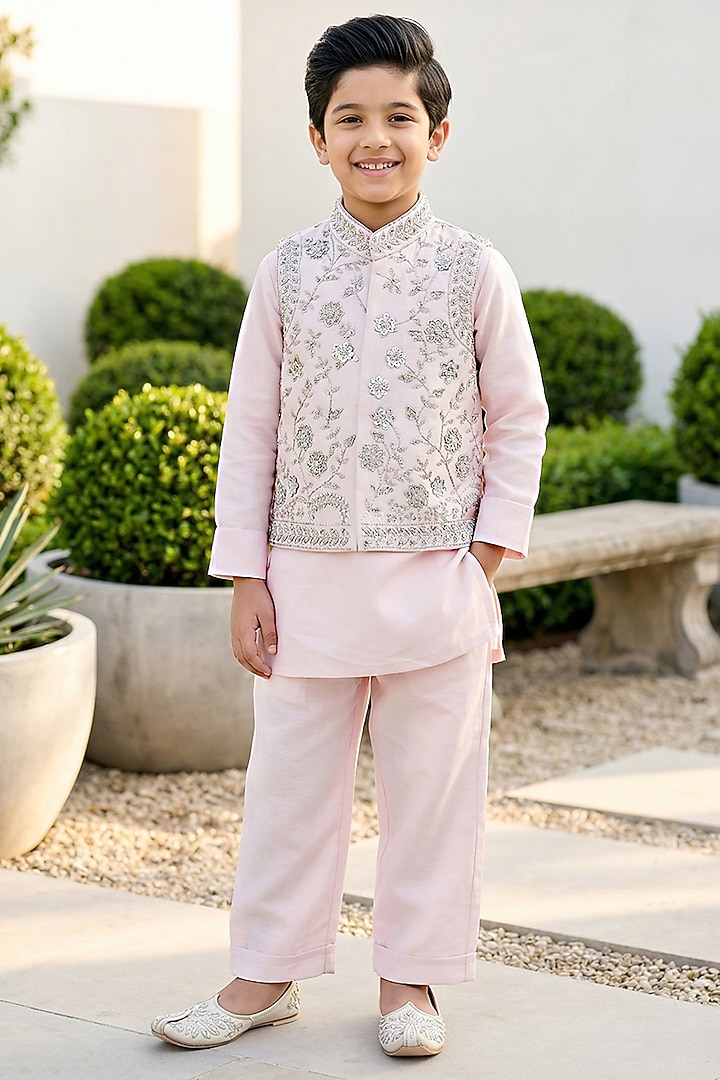 Baby Pink Silk Cutdana & Pearl Embroidered Bundi Jacket Set For Boys by Alyaansh Couture at Pernia's Pop Up Shop
