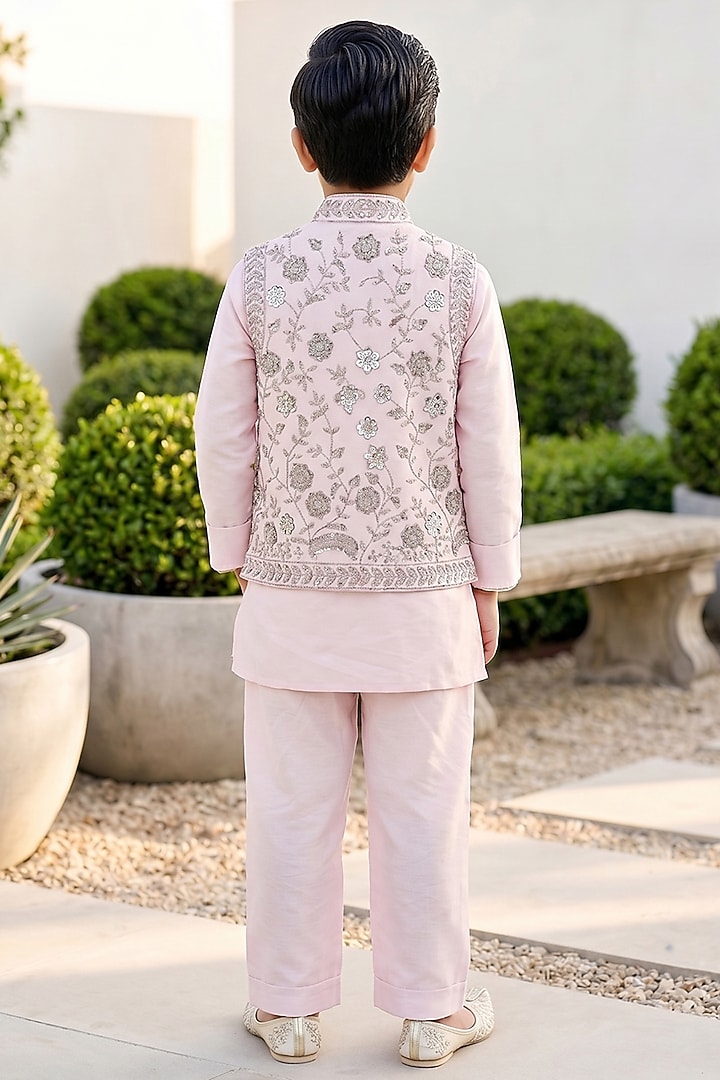 Baby Pink Silk Cutdana & Pearl Embroidered Bundi Jacket Set For Boys by Alyaansh Couture at Pernia's Pop Up Shop