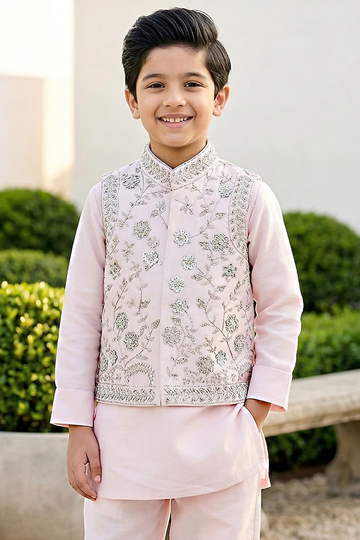 Baby Pink Silk Cutdana & Pearl Embroidered Bundi Jacket Set For Boys by Alyaansh Couture at Pernia's Pop Up Shop