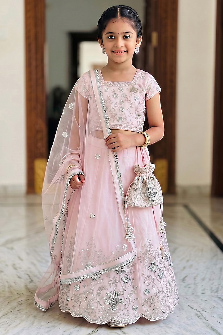 Baby Pink Silk Crepe Cutdana & Pearl Embroidered Lehenga Set For Girls by Alyaansh Couture at Pernia's Pop Up Shop
