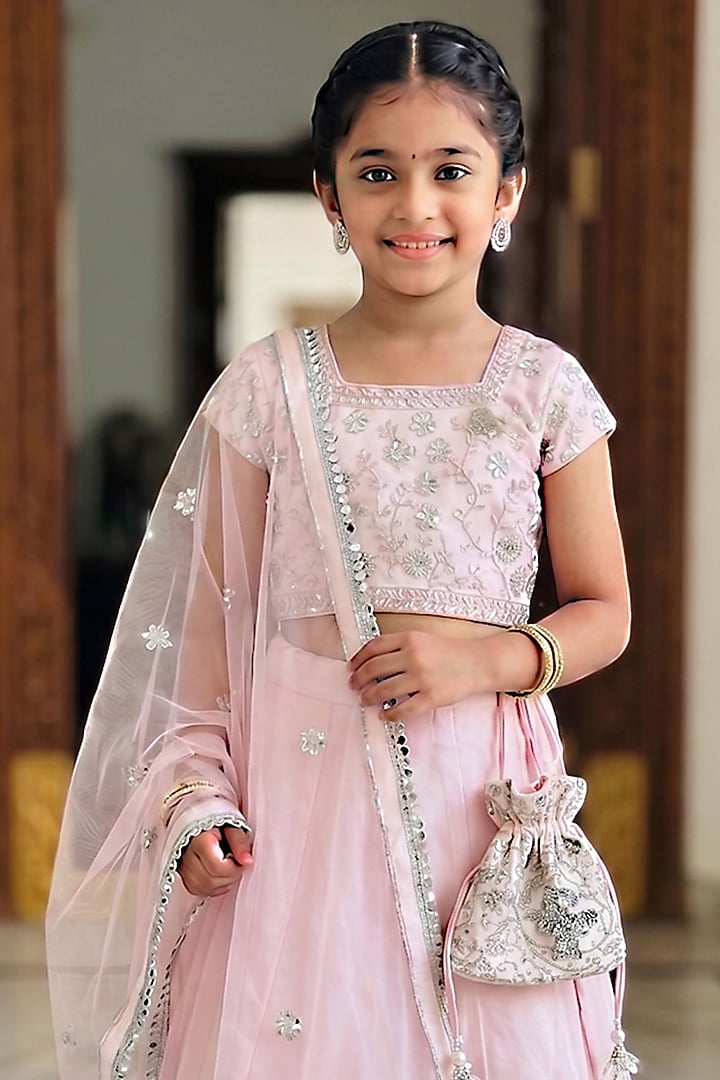 Baby Pink Silk Crepe Cutdana & Pearl Embroidered Lehenga Set For Girls by Alyaansh Couture at Pernia's Pop Up Shop