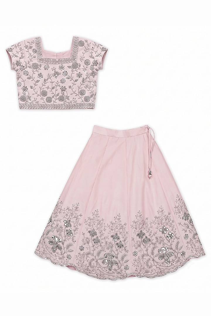 Baby Pink Silk Crepe Cutdana & Pearl Embroidered Lehenga Set For Girls by Alyaansh Couture at Pernia's Pop Up Shop