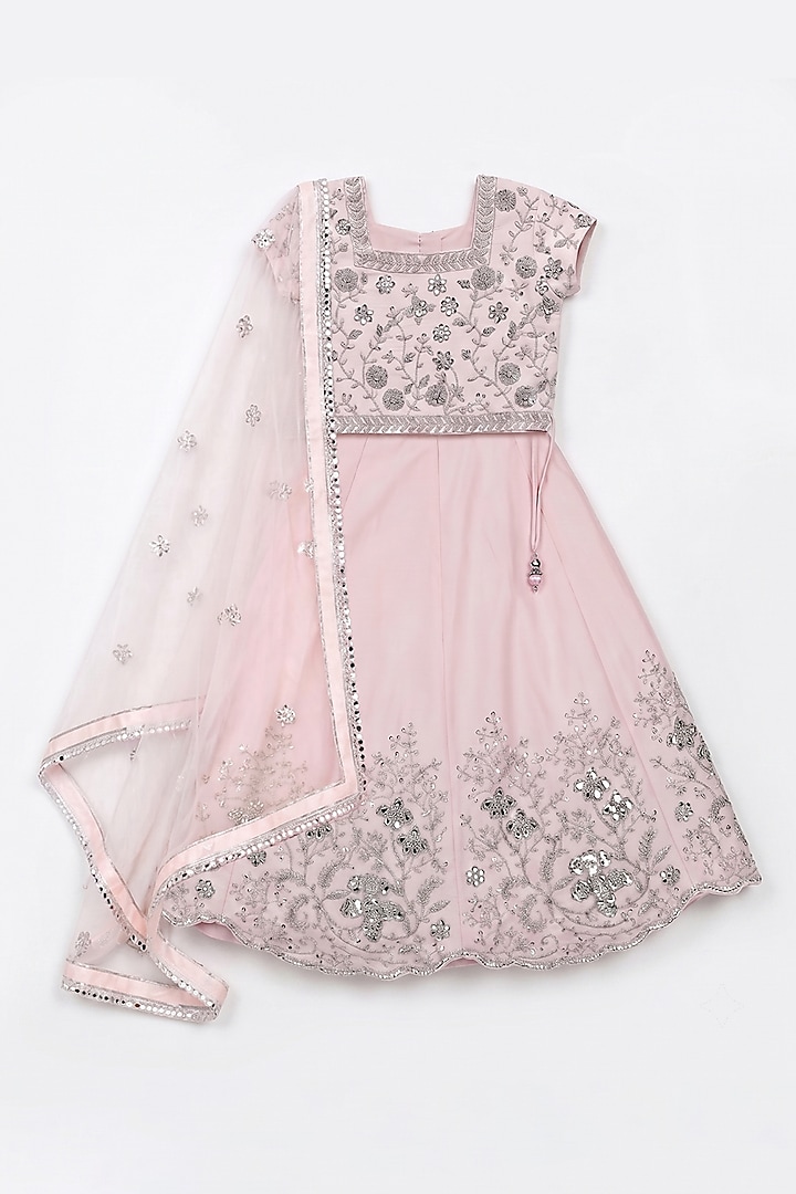 Baby Pink Silk Crepe Cutdana & Pearl Embroidered Lehenga Set For Girls by Alyaansh Couture at Pernia's Pop Up Shop