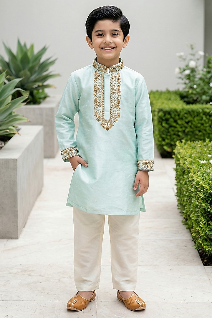 Light Blue Chanderi Silk Zari & Nakshi Embroidered Kurta Set For Boys by Alyaansh Couture at Pernia's Pop Up Shop