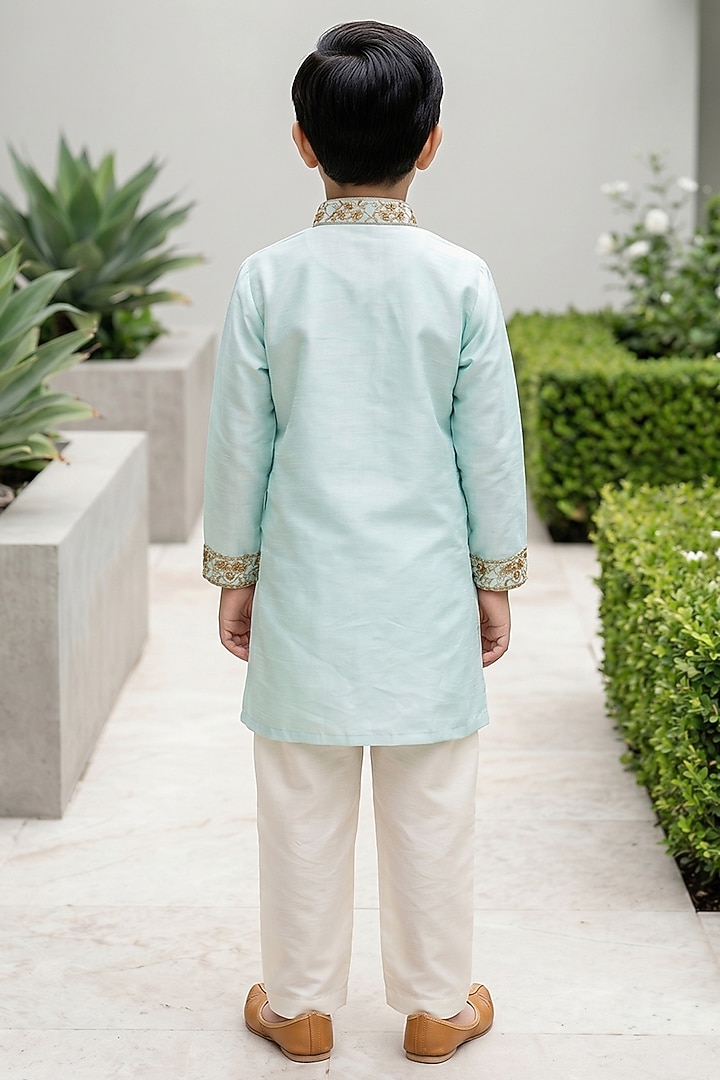 Light Blue Chanderi Silk Zari & Nakshi Embroidered Kurta Set For Boys by Alyaansh Couture at Pernia's Pop Up Shop