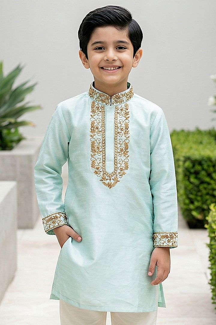 Light Blue Chanderi Silk Zari & Nakshi Embroidered Kurta Set For Boys by Alyaansh Couture at Pernia's Pop Up Shop