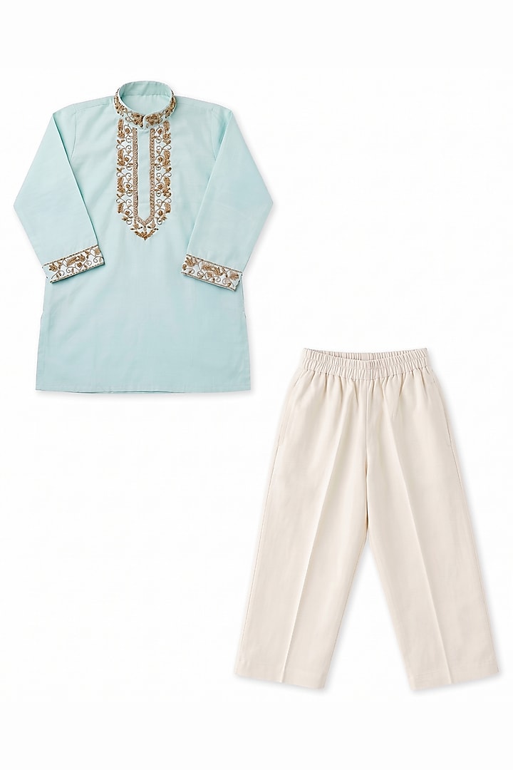 Light Blue Chanderi Silk Zari & Nakshi Embroidered Kurta Set For Boys by Alyaansh Couture at Pernia's Pop Up Shop