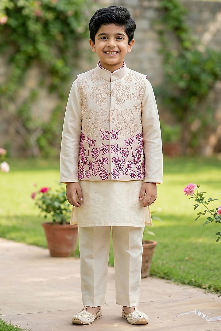 Pink & Off-White Ombre Silk Hand Embroidered Bundi Jacket Set For Boys by Alyaansh Couture at Pernia's Pop Up Shop