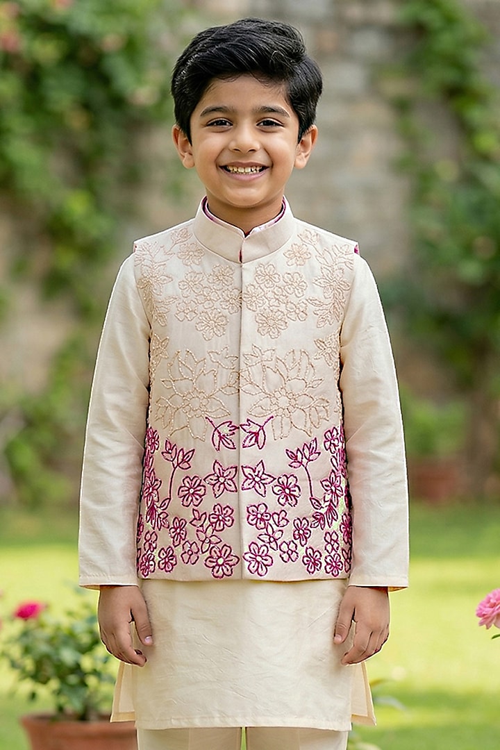 Pink & Off-White Ombre Silk Hand Embroidered Bundi Jacket Set For Boys by Alyaansh Couture at Pernia's Pop Up Shop
