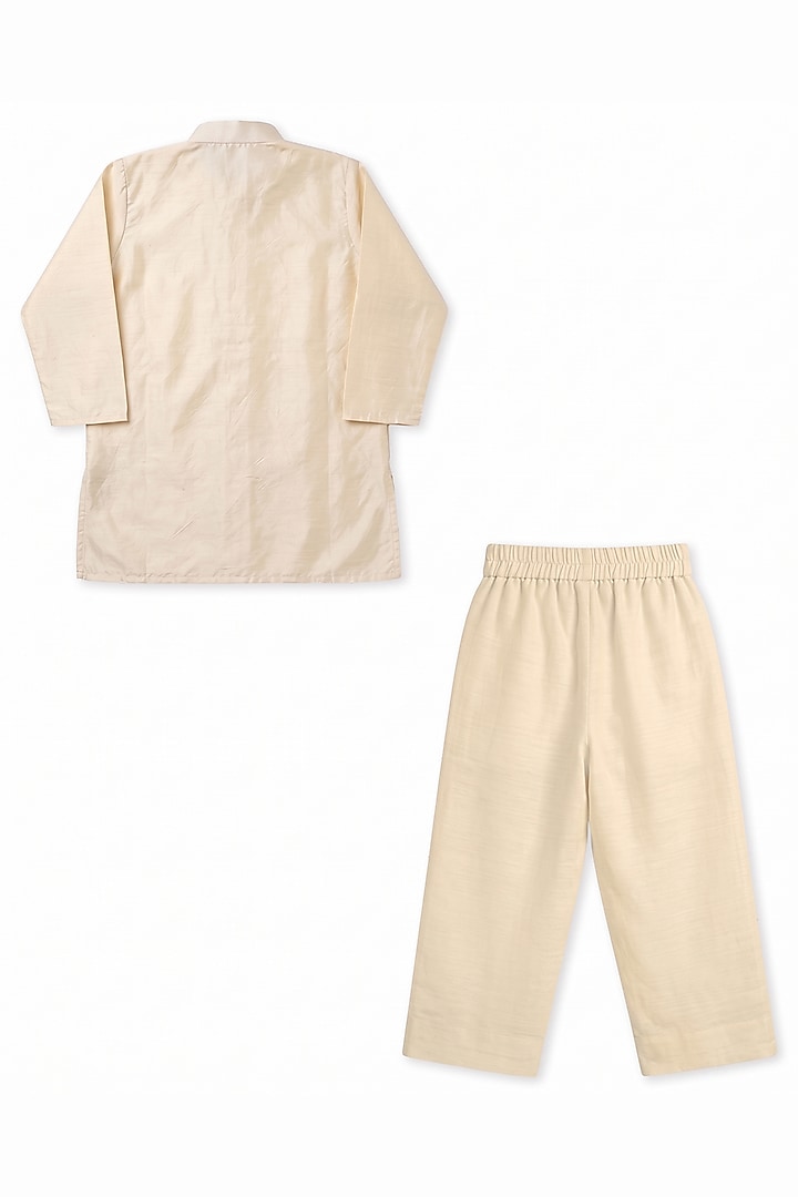 Peach Glace Cotton & Silk Hand Embroidered Bundi Jacket Set For Boys by Alyaansh Couture at Pernia's Pop Up Shop