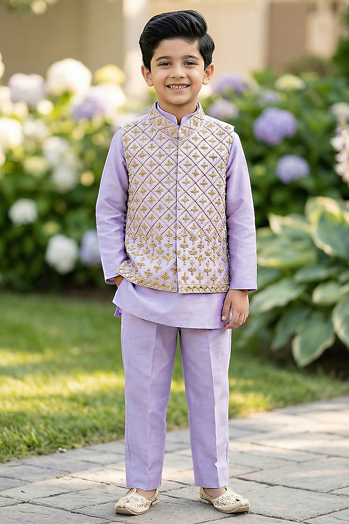 Lavender Glace Cotton & Silk Hand Embroidered Bundi Jacket Set For Boys by Alyaansh Couture at Pernia's Pop Up Shop