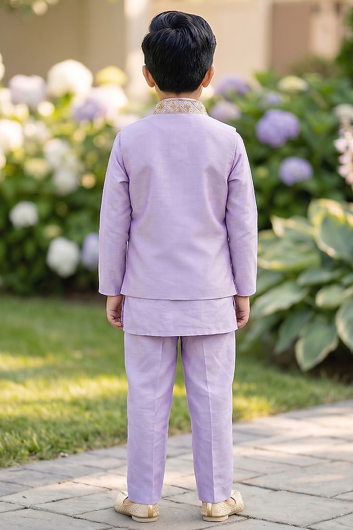 Lavender Glace Cotton & Silk Hand Embroidered Bundi Jacket Set For Boys by Alyaansh Couture at Pernia's Pop Up Shop