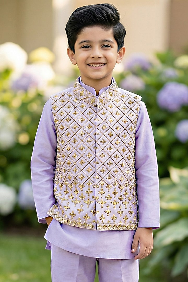 Lavender Glace Cotton & Silk Hand Embroidered Bundi Jacket Set For Boys by Alyaansh Couture at Pernia's Pop Up Shop