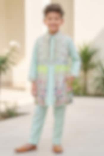 Mint Green Glace Cotton & Poly Silk Long Bundi Jacket Set For Boys by Alyaansh Couture at Pernia's Pop Up Shop