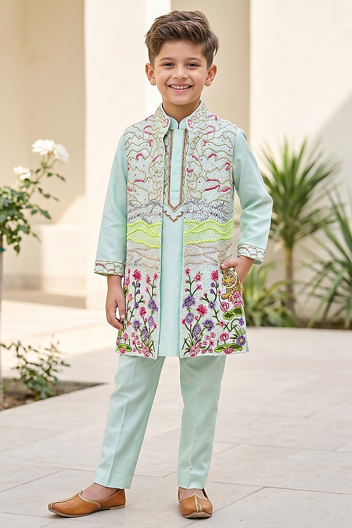 Mint Green Glace Cotton & Poly Silk Long Bundi Jacket Set For Boys by Alyaansh Couture at Pernia's Pop Up Shop