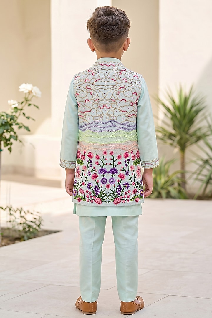 Mint Green Glace Cotton & Poly Silk Long Bundi Jacket Set For Boys by Alyaansh Couture at Pernia's Pop Up Shop
