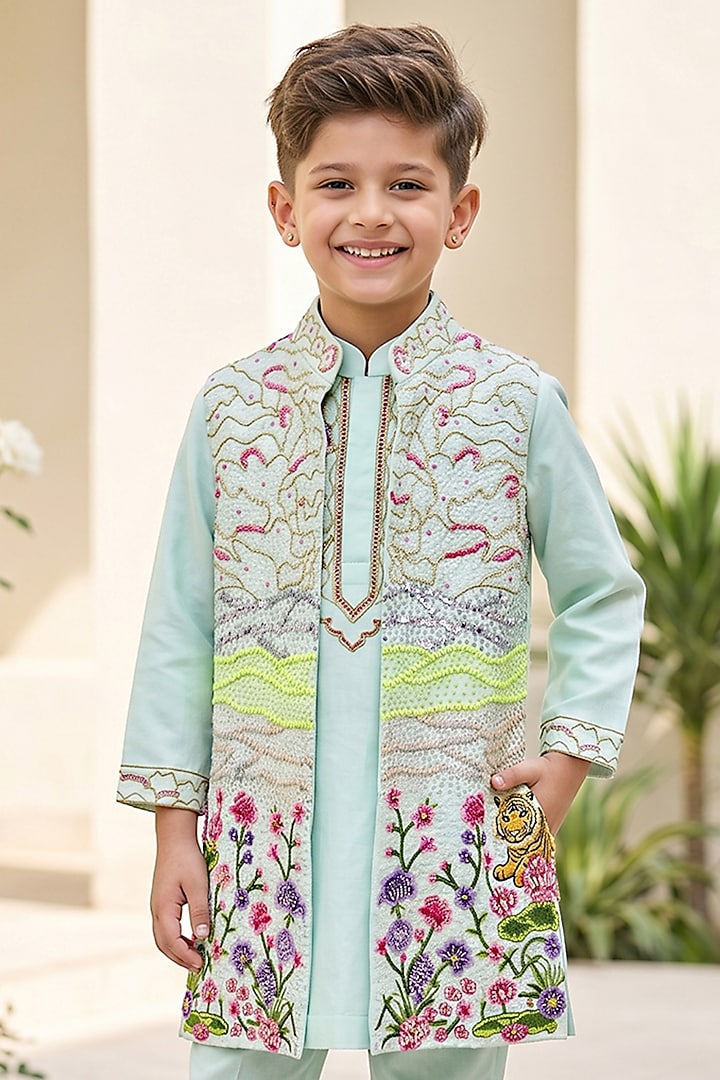 Mint Green Glace Cotton & Poly Silk Long Bundi Jacket Set For Boys by Alyaansh Couture at Pernia's Pop Up Shop