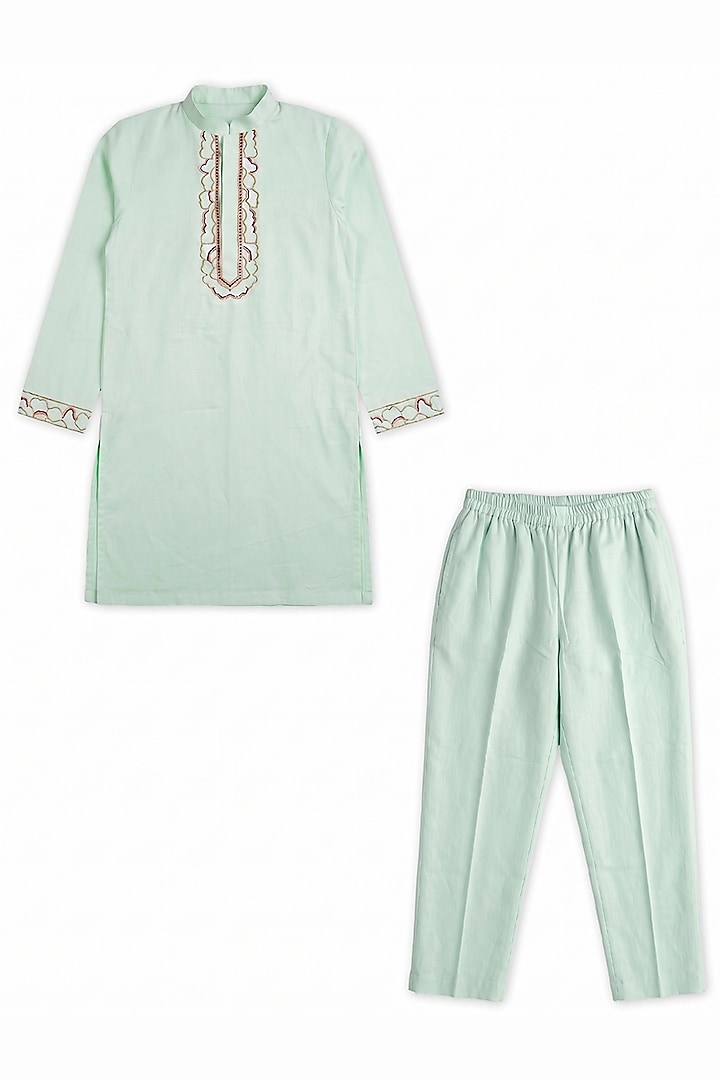 Mint Green Glace Cotton & Poly Silk Long Bundi Jacket Set For Boys by Alyaansh Couture at Pernia's Pop Up Shop