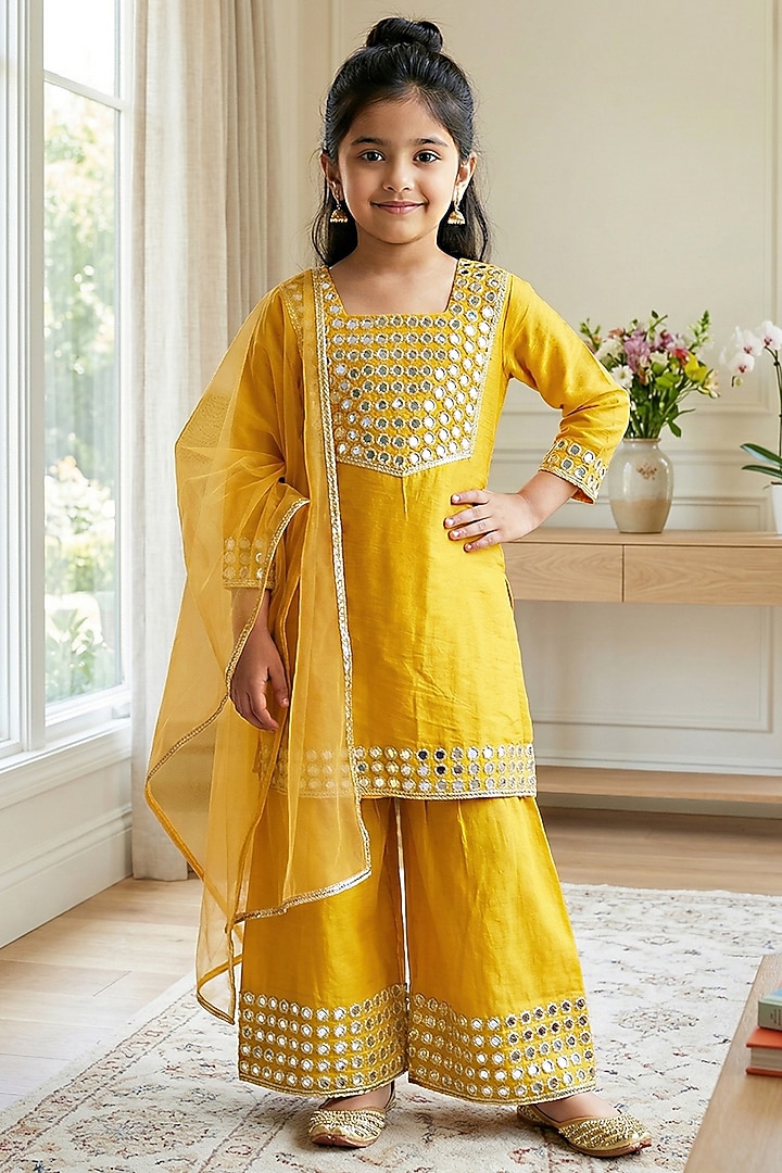 Mustard Yellow Silk Mirror & Patra Work Sharara Set For Girls by Alyaansh Couture at Pernia's Pop Up Shop