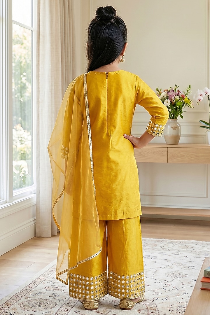 Mustard Yellow Silk Mirror & Patra Work Sharara Set For Girls by Alyaansh Couture at Pernia's Pop Up Shop
