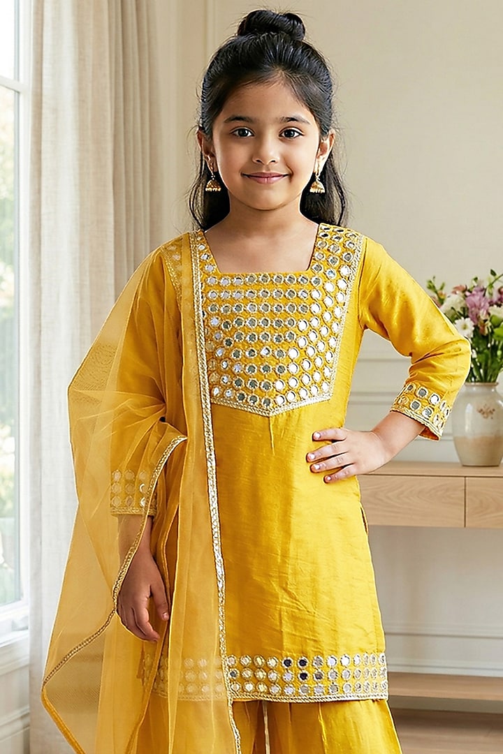 Mustard Yellow Silk Mirror & Patra Work Sharara Set For Girls by Alyaansh Couture at Pernia's Pop Up Shop
