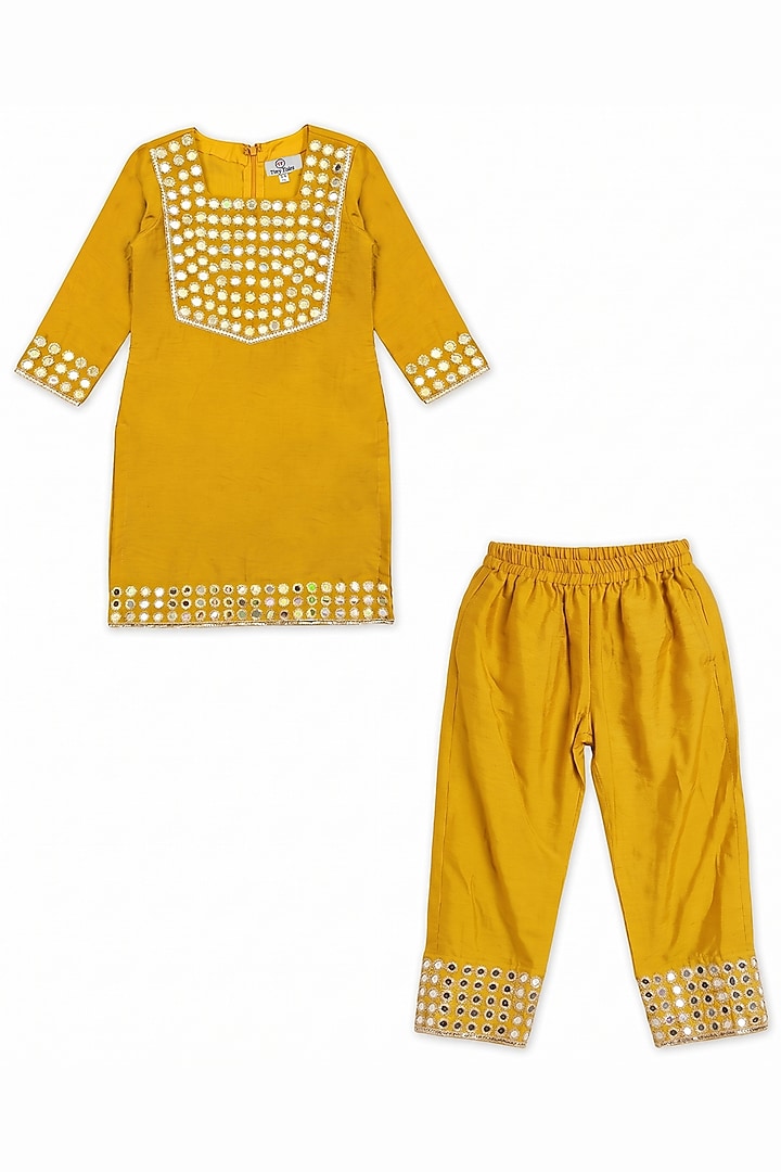 Mustard Yellow Silk Mirror & Patra Work Sharara Set For Girls by Alyaansh Couture at Pernia's Pop Up Shop