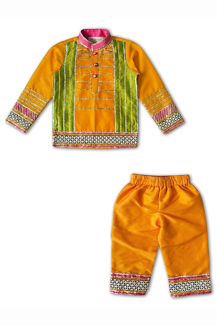 Yellow Taffeta Patchwork Kurta Set For Boys by Alyaansh Couture at Pernia's Pop Up Shop