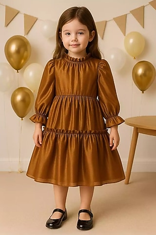 Gold Poly Organza Frilled Dress For Girls by Alyaansh Couture