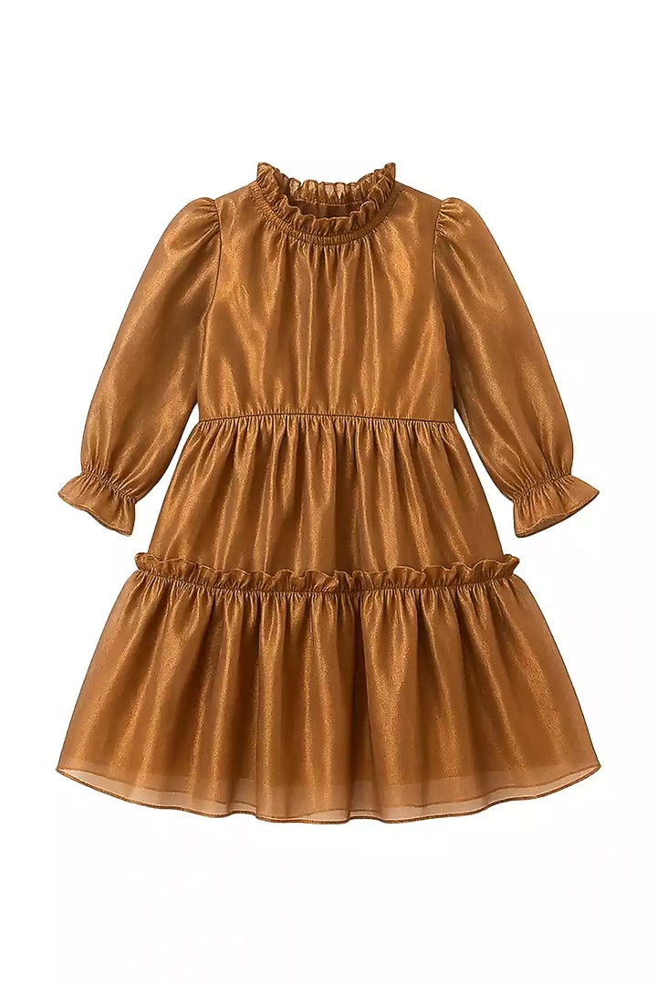 Gold Poly Organza Frilled Dress For Girls by Alyaansh Couture at Pernia's Pop Up Shop