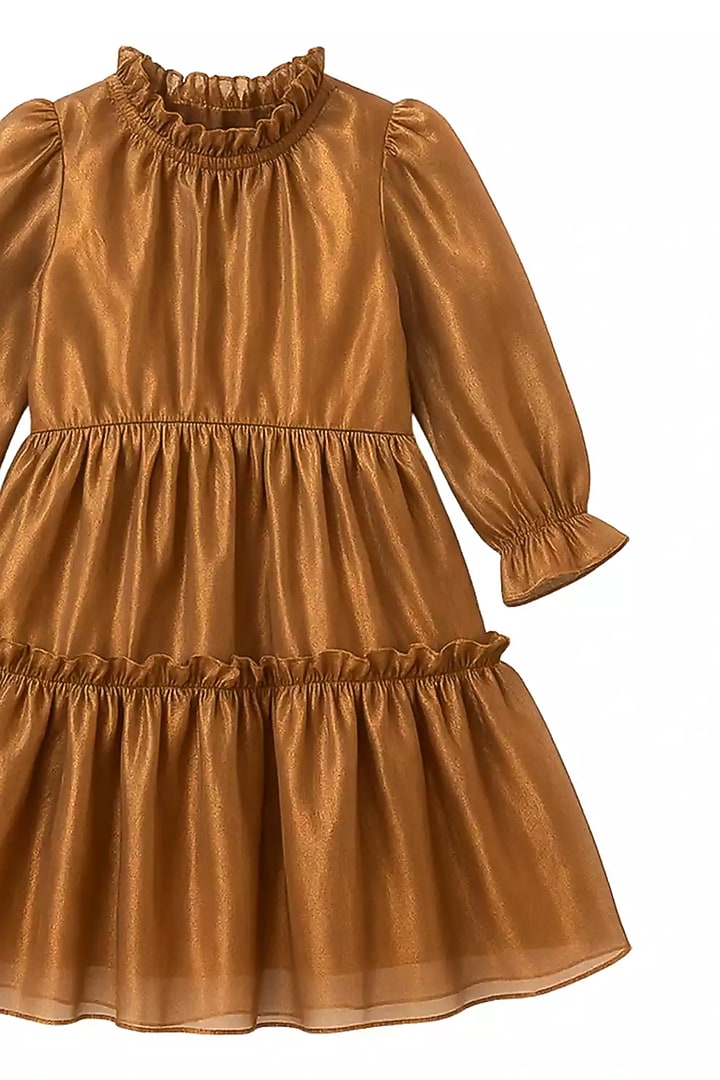 Gold Poly Organza Frilled Dress For Girls by Alyaansh Couture at Pernia's Pop Up Shop
