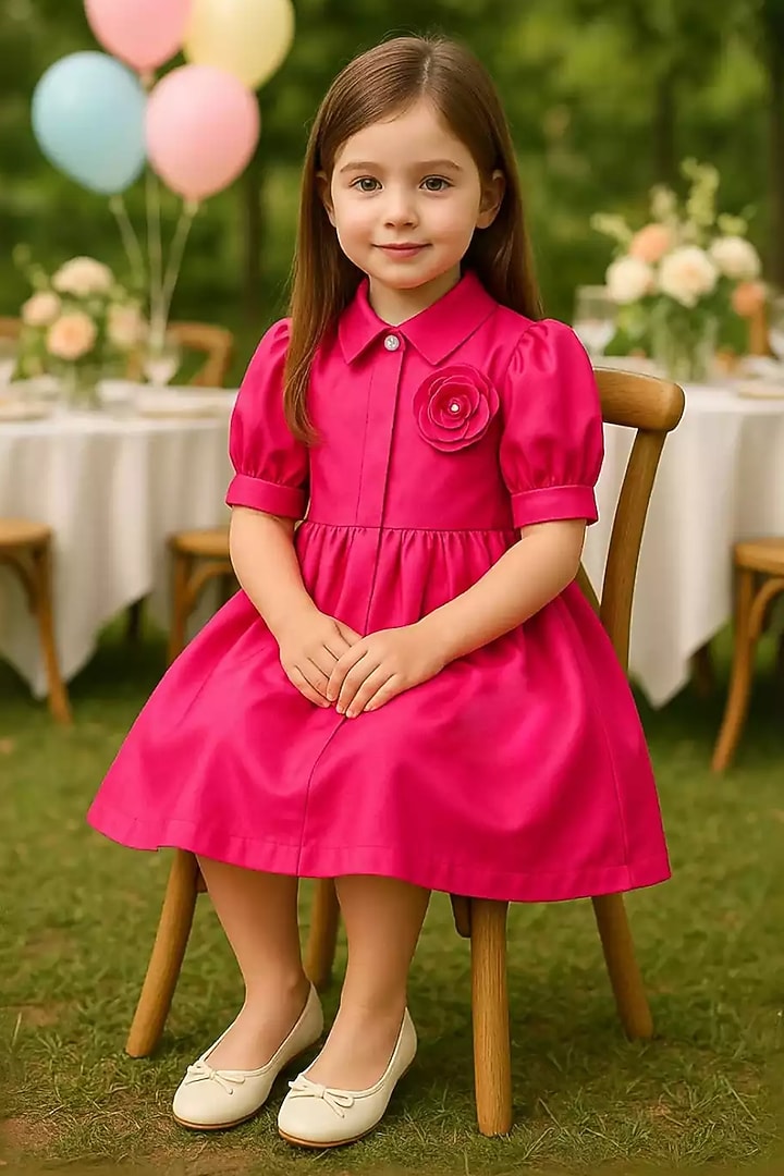 Pink Poplin 3D Floral Embroidered Dress For Girls by Alyaansh Couture at Pernia's Pop Up Shop