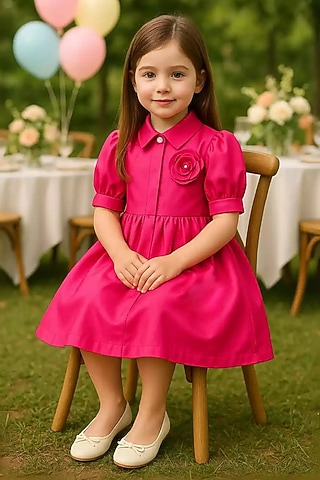Pink Poplin 3D Floral Embroidered Dress For Girls by Alyaansh Couture
