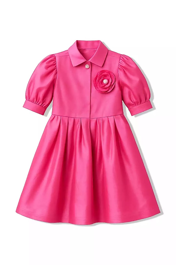 Pink Poplin 3D Floral Embroidered Dress For Girls by Alyaansh Couture at Pernia's Pop Up Shop