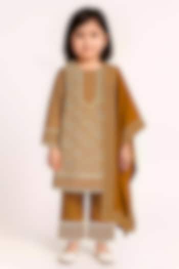 Mustard Yellow Glace Cotton Leather Work Kurta Set For Girls by Alyaansh Couture at Pernia's Pop Up Shop