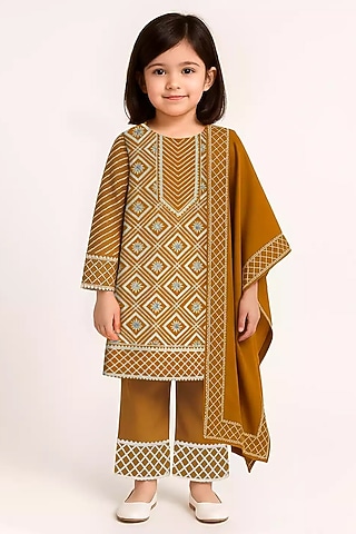 Mustard Yellow Glace Cotton Leather Work Kurta Set For Girls by Alyaansh Couture