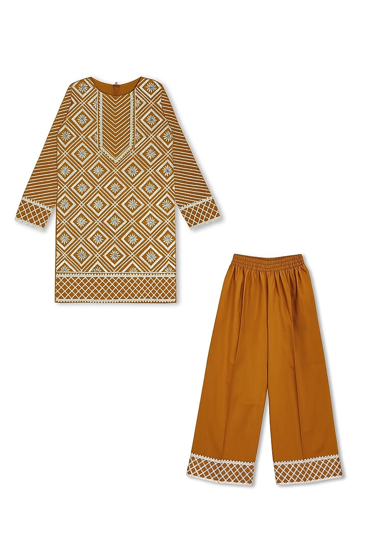 Mustard Yellow Glace Cotton Leather Work Kurta Set For Girls by Alyaansh Couture at Pernia's Pop Up Shop