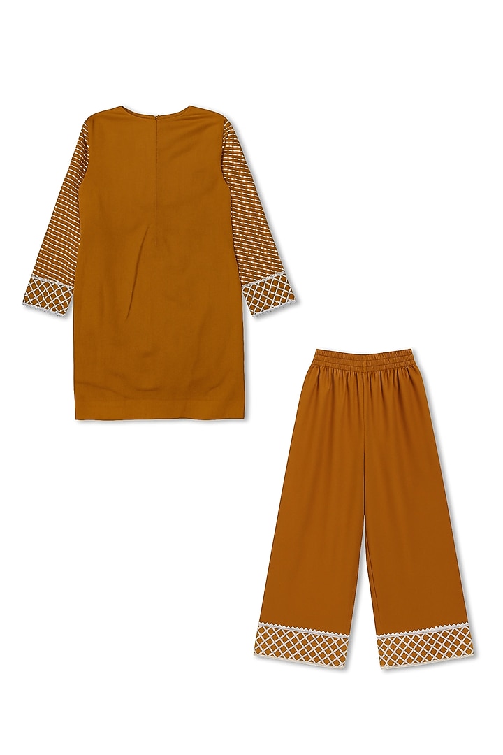 Mustard Yellow Glace Cotton Leather Work Kurta Set For Girls by Alyaansh Couture at Pernia's Pop Up Shop