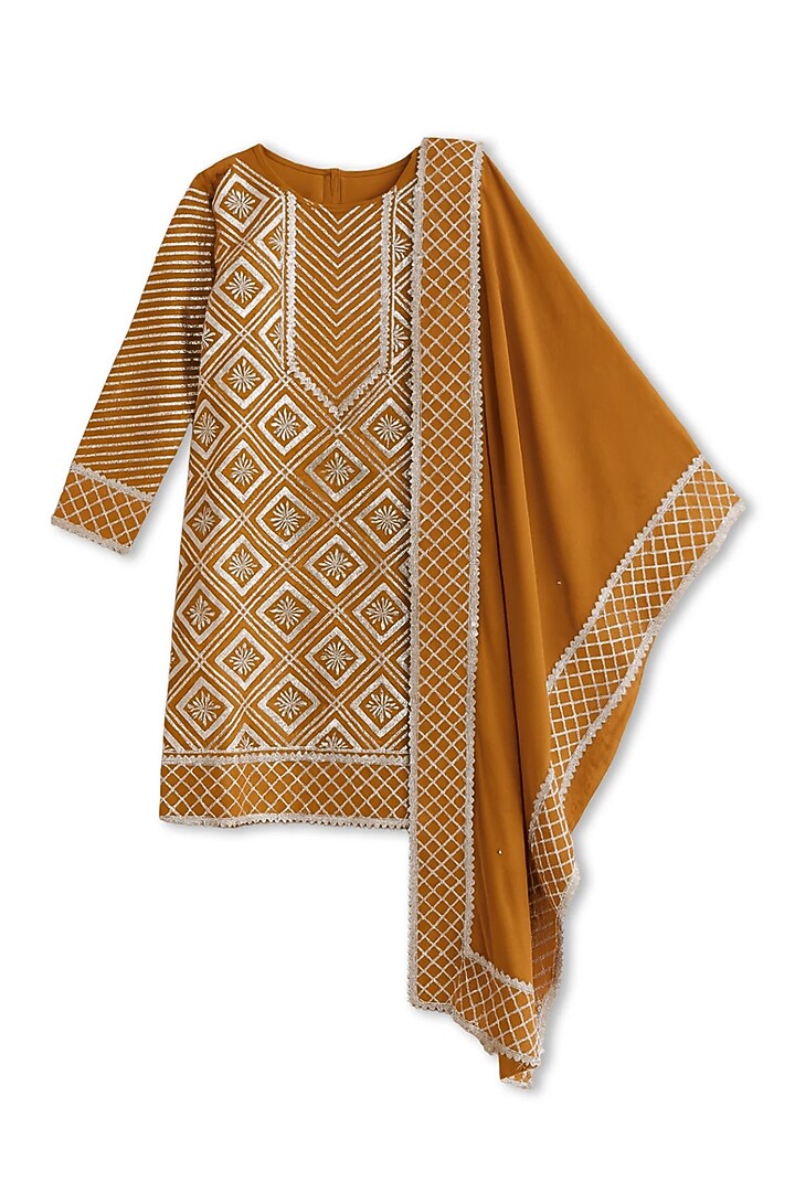 Mustard Yellow Glace Cotton Leather Work Kurta Set For Girls by Alyaansh Couture at Pernia's Pop Up Shop