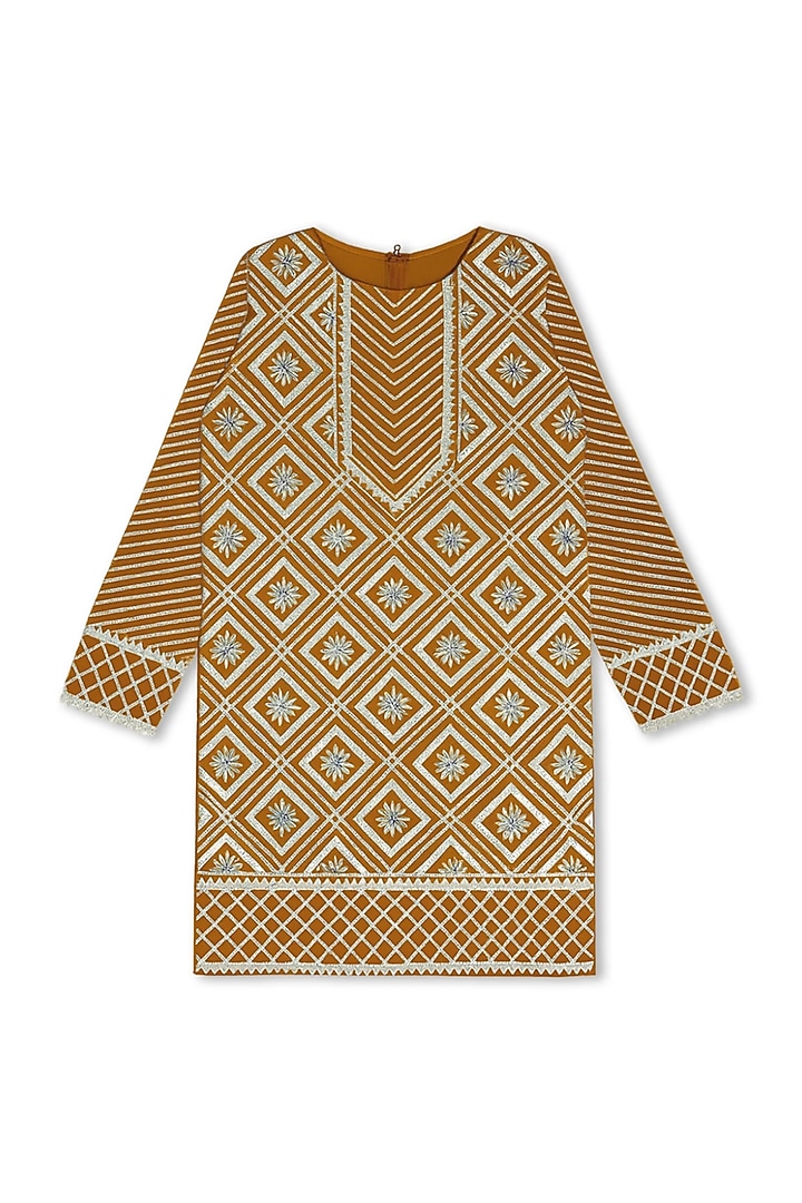 Mustard Yellow Glace Cotton Leather Work Kurta Set For Girls by Alyaansh Couture at Pernia's Pop Up Shop