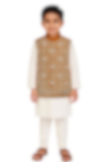 Mustard Yellow Glace Cotton Leather Work Bundi Jacket Set For Boys by Alyaansh Couture at Pernia's Pop Up Shop