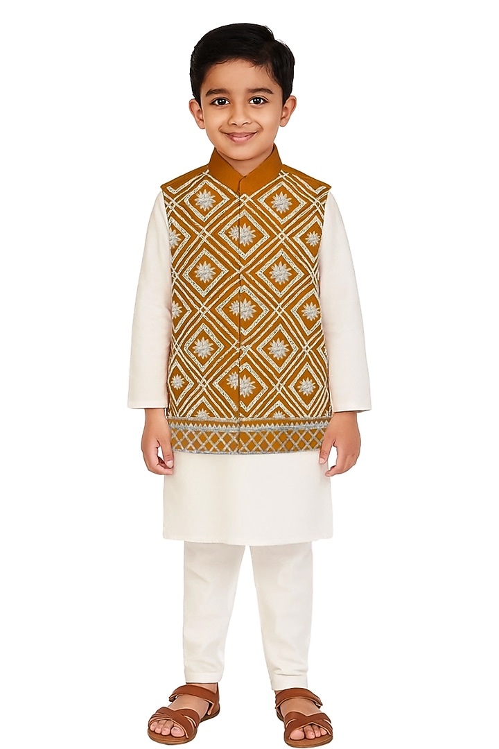 Mustard Yellow Glace Cotton Leather Work Bundi Jacket Set For Boys by Alyaansh Couture at Pernia's Pop Up Shop