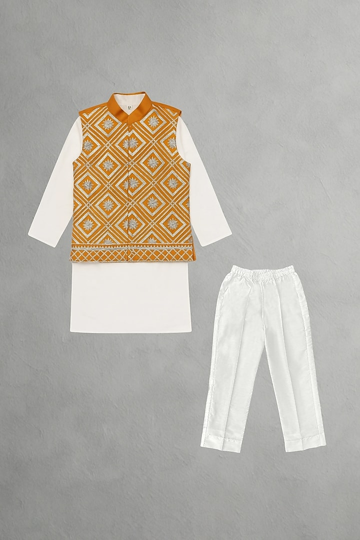 Mustard Yellow Glace Cotton Leather Work Bundi Jacket Set For Boys by Alyaansh Couture at Pernia's Pop Up Shop