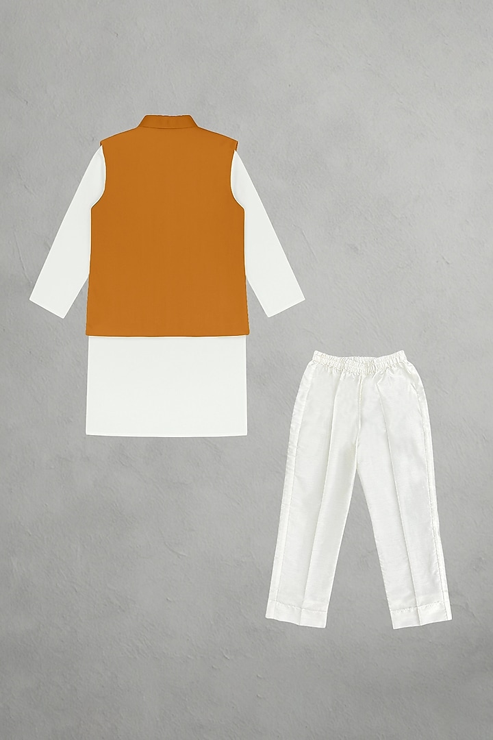 Mustard Yellow Glace Cotton Leather Work Bundi Jacket Set For Boys by Alyaansh Couture at Pernia's Pop Up Shop