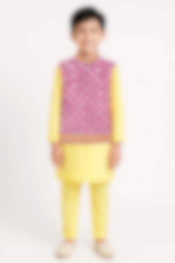 Pink Glace Cotton Leather Work Bundi Jacket Set For Boys by Alyaansh Couture at Pernia's Pop Up Shop