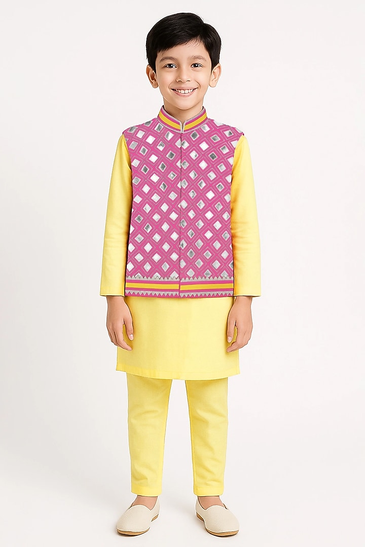 Pink Glace Cotton Leather Work Bundi Jacket Set For Boys by Alyaansh Couture at Pernia's Pop Up Shop