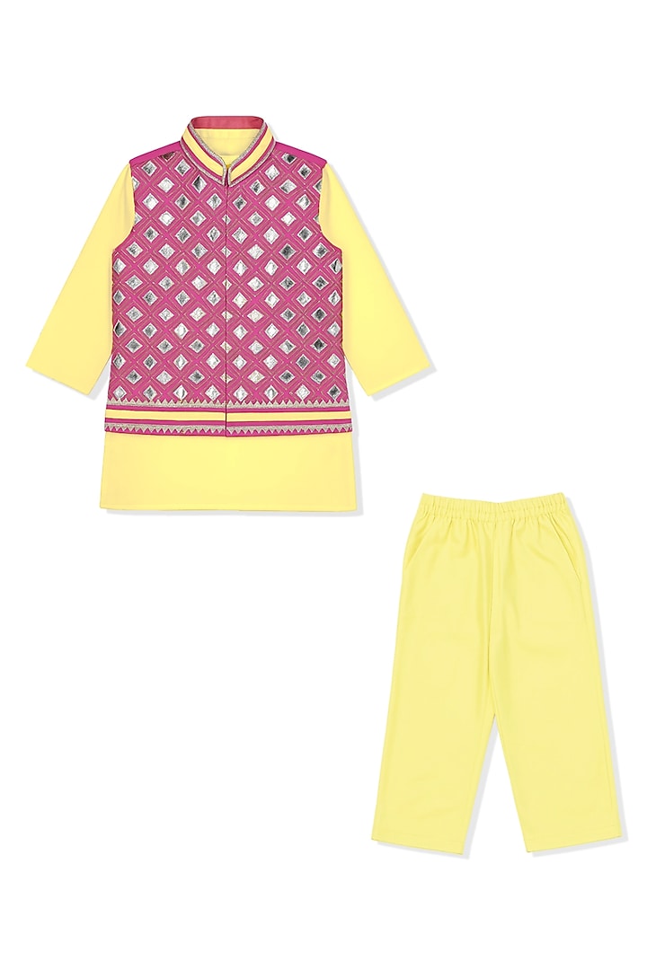 Pink Glace Cotton Leather Work Bundi Jacket Set For Boys by Alyaansh Couture at Pernia's Pop Up Shop