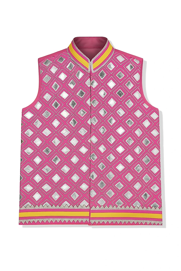 Pink Glace Cotton Leather Work Bundi Jacket Set For Boys by Alyaansh Couture at Pernia's Pop Up Shop