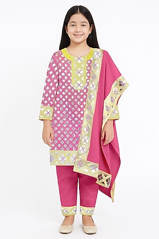 Pink Glace Cotton Leather Work Kurta Set For Girls by Alyaansh Couture